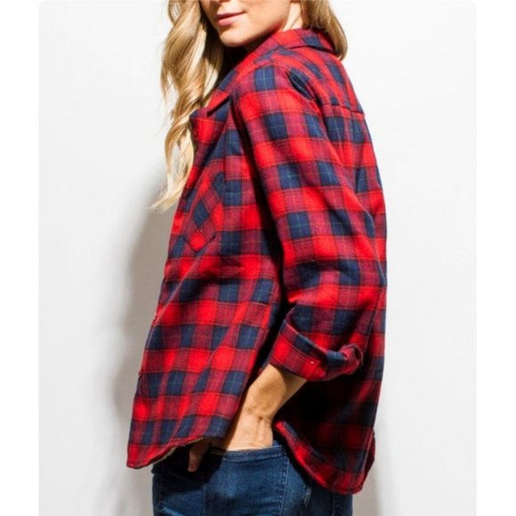 NEW Red Cozy Warm Sherpa Fur Lined Flannel Plaid Shirt Jacket Shacket Top - Picture 4 of 8